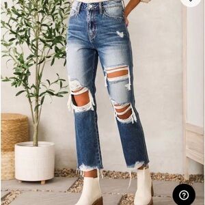 Flying Monkey Distressed Straight Leg Jeans - Blue